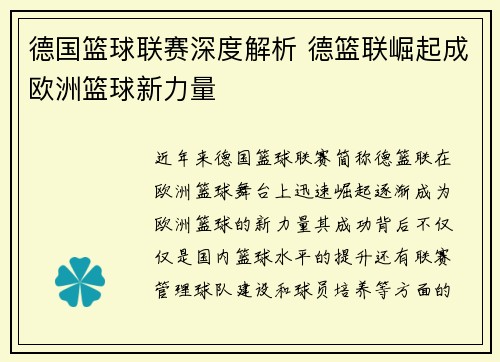 德国篮球联赛深度解析 德篮联崛起成欧洲篮球新力量 德国篮球联赛深度解析 德篮联崛起成欧洲篮球新力量