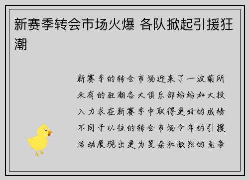新赛季转会市场火爆 各队掀起引援狂潮 新赛季转会市场火爆 各队掀起引援狂潮