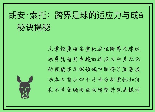 胡安·索托：跨界足球的适应力与成功秘诀揭秘